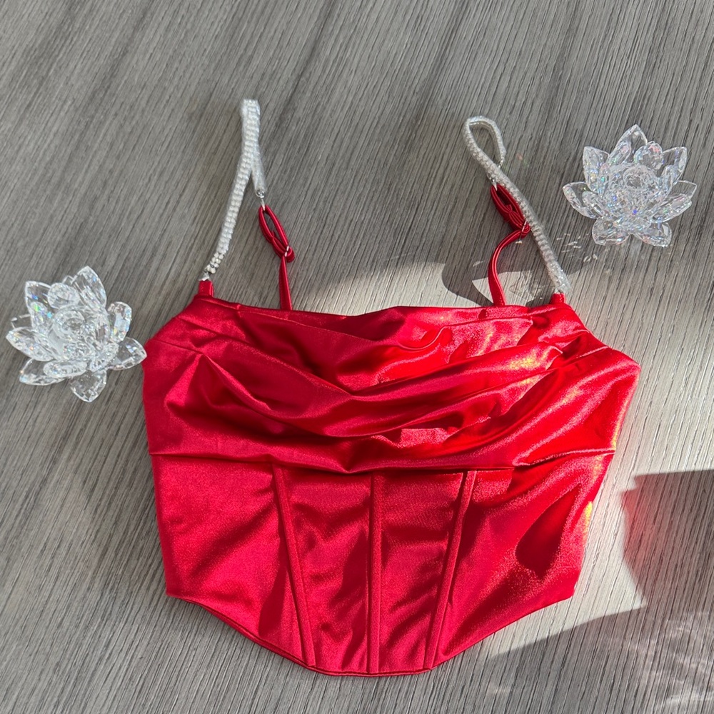 Red Satin Corset Crop Top with Rhinestone Straps